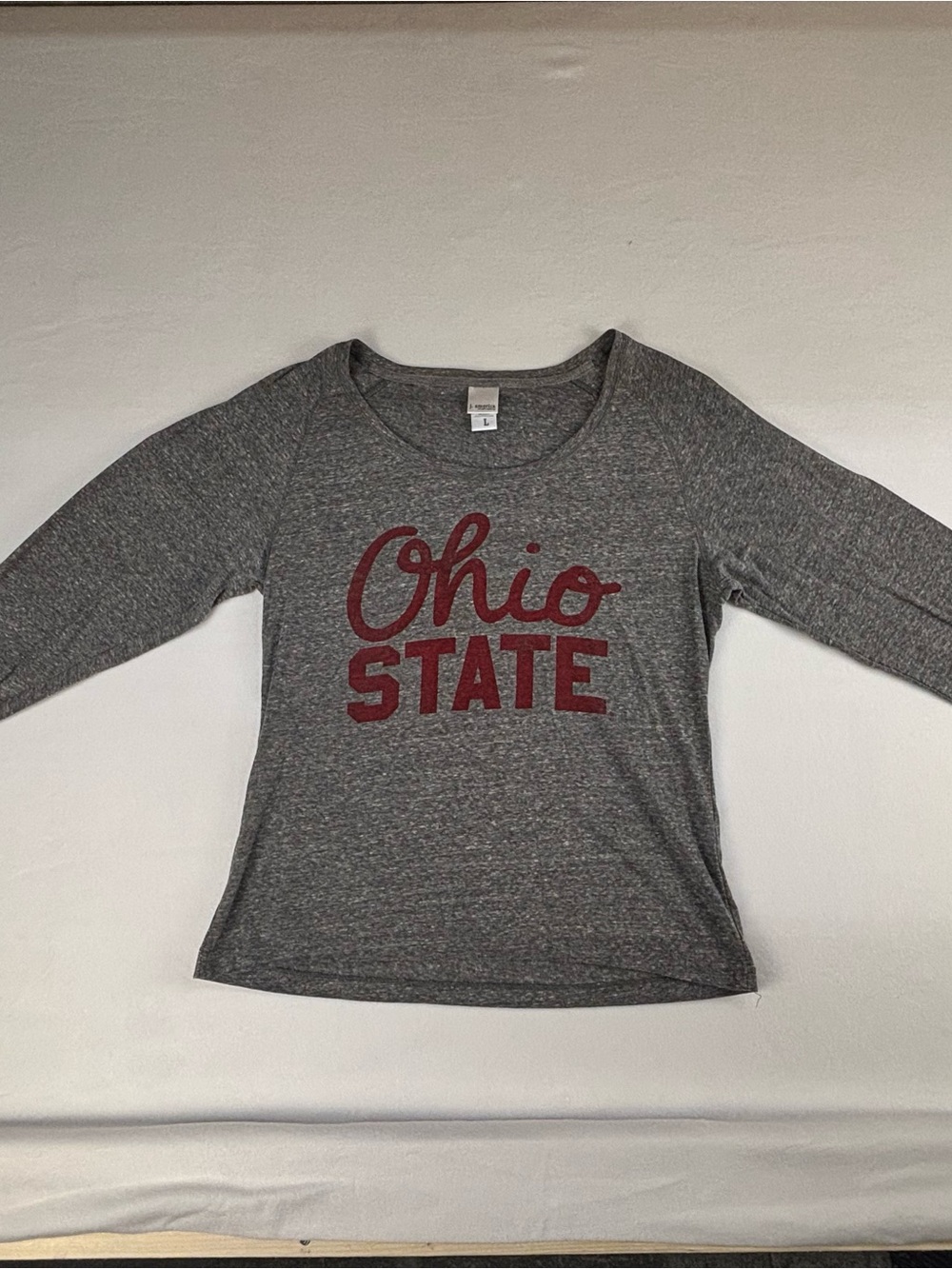 J. America Gray Long-Sleeve Ohio State Tee with Maroon Script